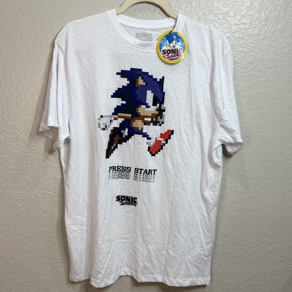 Sonic‎ The Hedgehog T-Shirt Men's White Graphic Press Start Size Large
